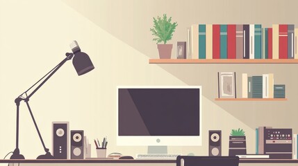 A stylish radio podcast setup with a computer, a boom arm microphone, and a simple yet elegant bookshelf in the background.