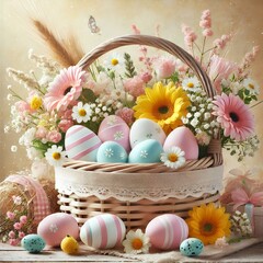 A bright spring still life with pastel Easter eggs, fresh flowers, and a wicker basket.