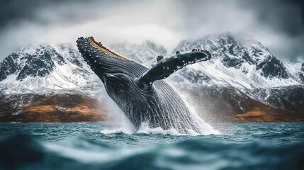 Fototapeta premium Majestic Humpback Whale Breaching in Alaska's Ocean, Snow-Capped Mountains, Marine Wildlife, Environmental Technology, Adventure Travel Photography
