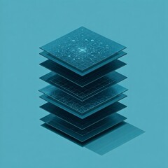 "Stacked transparent square layers with subtle grid patterns, representing data layers or a geographical information system (GIS) on a teal background."
