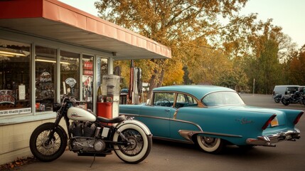 Classic motorcycle and vintage car parked outside a retro gas station during autumn afternoon