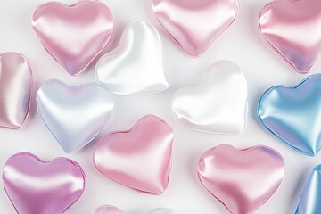 A collection of shiny hearts on a white surface