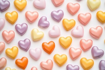 A collection of colorful hearts on a plain white surface, perfect for Valentine's Day or other celebrations