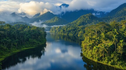 Fototapeta premium Serene river flowing through lush green rainforest, majestic mountains shrouded in mist under a cloudy sky.