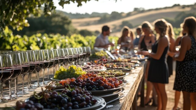 Guests enjoying wine and food at a vineyard tasting event during sunset hours