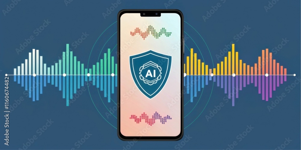 Poster a smartphone displaying an ai shield logo, surrounded by colorful sound waveforms, symbolizing audio