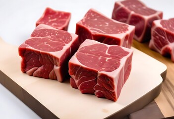 Fototapeta premium Fresh raw beef slices for goulash on wooden kitchen cutting board
