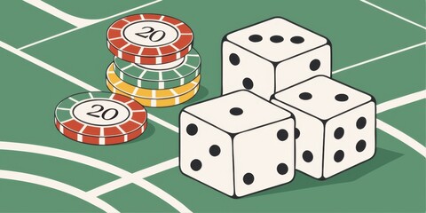 A colorful arrangement of casino chips and three dice on a gaming table, highlighting the excitement of gambling.