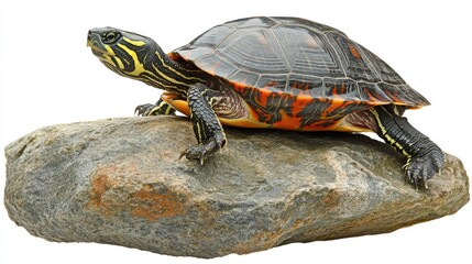 Obraz premium A turtle resting on a rock, showcasing its vibrant shell and unique features.