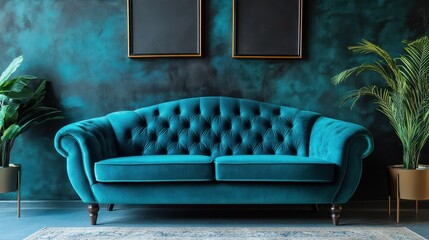Turquoise sofas in luxury room. Art deco style interior design of modern living room.