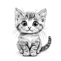 Adorable Kitten Sketch: A captivating pencil drawing of a tiny kitten with big, round eyes, sitting in a playful pose. Its soft fur and sweet expression evoke a sense of innocence and tenderness. 