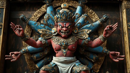 Obraz premium Multi-Armed Deity Carved in Wood, Nepal