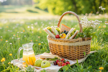 a picnic basket with fruit vegetables and juice
