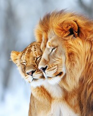 Obraz premium Two lions nuzzle affectionately in a snowy environment, showcasing their bond.