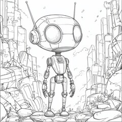 Robot in a Crystal World: A whimsical illustration featuring a stylized robot standing amidst a fantastical landscape of towering crystals.