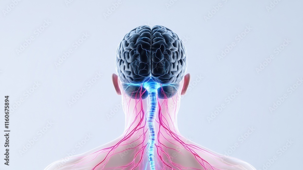 Poster illustration of a brain and spinal cord with neural pathways.