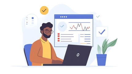 A financial analyst reviewing compliance reports on a laptop, with graphs and checklist icons displayed on the screen. business 