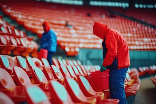 Workers clean empty stadium seats in preparation for an upcoming event during early morning hours