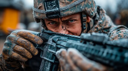 Soldier aiming rifle during cold winter training exercise in the field