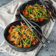 Wok Chicken with Funchoza and Vegetables, Asian Stir-Fry Delight, Tasty and Healthy Gourmet Dish