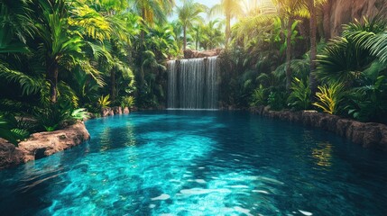 Serene waterfall cascading into a tropical pool, surrounded by lush greenery.