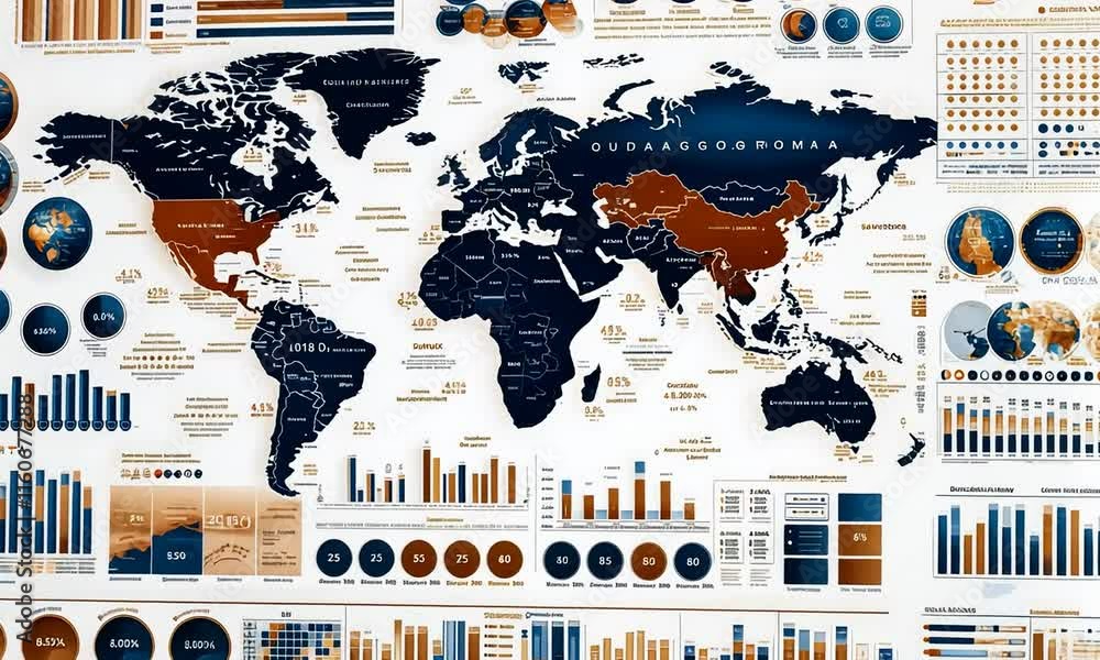 Poster global data visualization: a world map with comprehensive infographics