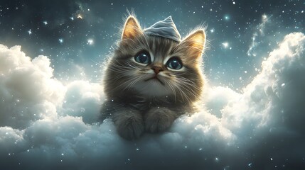 A Captivating Illustration of a Fluffy Cat Wizard Perched upon a Dreamy Cloud Surrounded by Stars