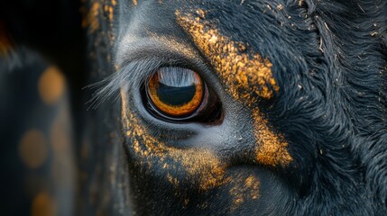 Close-up view of a cow's eye revealing intricate details and unique patterns in a natural setting