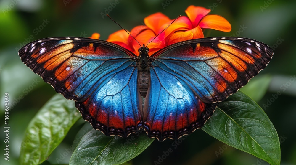 Canvas Prints Vibrant blue butterfly resting on pink flower in a lush garden during daylight hours