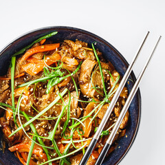 Wok Chicken with Funchoza and Vegetables, Asian Stir-Fry Delight, Tasty and Healthy Gourmet Dish