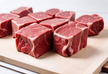 Fototapeta premium Fresh raw beef slices for goulash on wooden kitchen cutting board