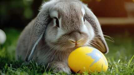A rabbit sitting in the grass with a yellow ball nearby