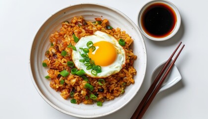 Delicious Korean Bokkeumbap with Kimchi and Fried Egg on Top, Perfect for Food Lovers