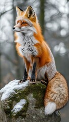Fototapeta premium A majestic fox perched on a mossy rock in a snowy forest landscape.