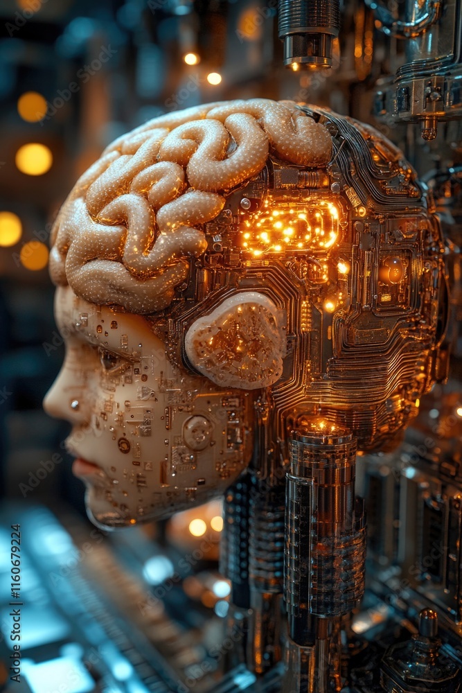 Poster a close-up shot of a person's head with a computer circuit board visible in the background