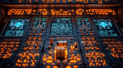 Control panel of an aircraft cockpit illuminated with orange and blue lights at night