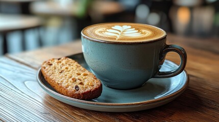 Delicious latte with intricate design served on a wooden table with a biscuit at a cozy cafe