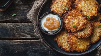 Crispy potato pancakes served with creamy dip on a black plate against a rustic wooden background