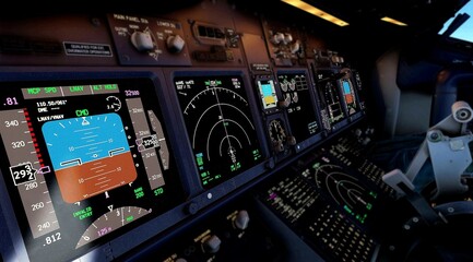 Electronic systems of an aircraft. Airplane Instruments primary flight display. Digital Flight...