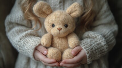 Fototapeta premium Child holding a soft teddy bear while sitting indoors in cozy sweater