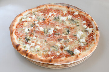 Traditional Turkish cuisine. Pizza, pita, pidesi, sucuk, hummus, kebab. Many dishes on the table. Serving dishes in restaurant. Margherita,  mix, formaggi, veggie karisik pizza. Top view, flat lay