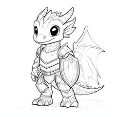 Tiny Dragon in Armor: A charming cartoon dragon, clad in shining armor and holding a shield, stands proudly, his big, expressive eyes beaming with determination. Perfect for coloring pages.