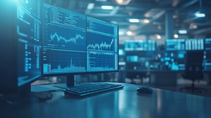 Stock Trading Desk with Real-Time Market Data: Financial Charts, Online Trading, Market Analysis, Office Workspace