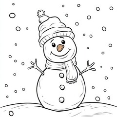 Happy Snowman in the Snow: A charming hand-drawn illustration of a friendly snowman in a cozy hat and scarf, smiling cheerfully as snow falls around him.  