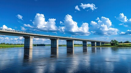 Obraz premium Bridge over the lake with bright blue sky with white clouds in the background