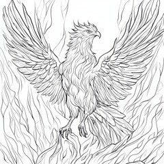 Naklejka premium Majestic Eagle in Flight: Line art drawing of a powerful eagle taking flight from a rocky terrain, wings outstretched in a dynamic pose. Perfect for coloring books, fantasy art.