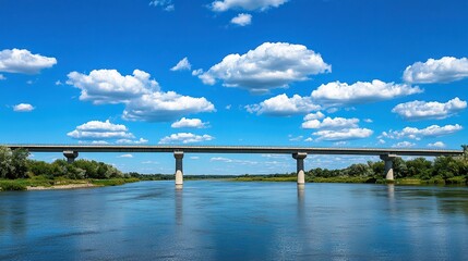Obraz premium A clear and calm lake with a concrete bridge under a blue sky with white clouds