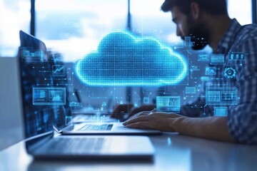 Professional working on cloud technology with laptop and digital data visualization in modern office environment