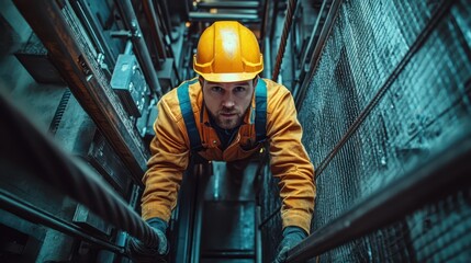 An elevator mechanic inspecting cables in a high-rise building shaft, highlighting precision and safety in industrial maintenance work.