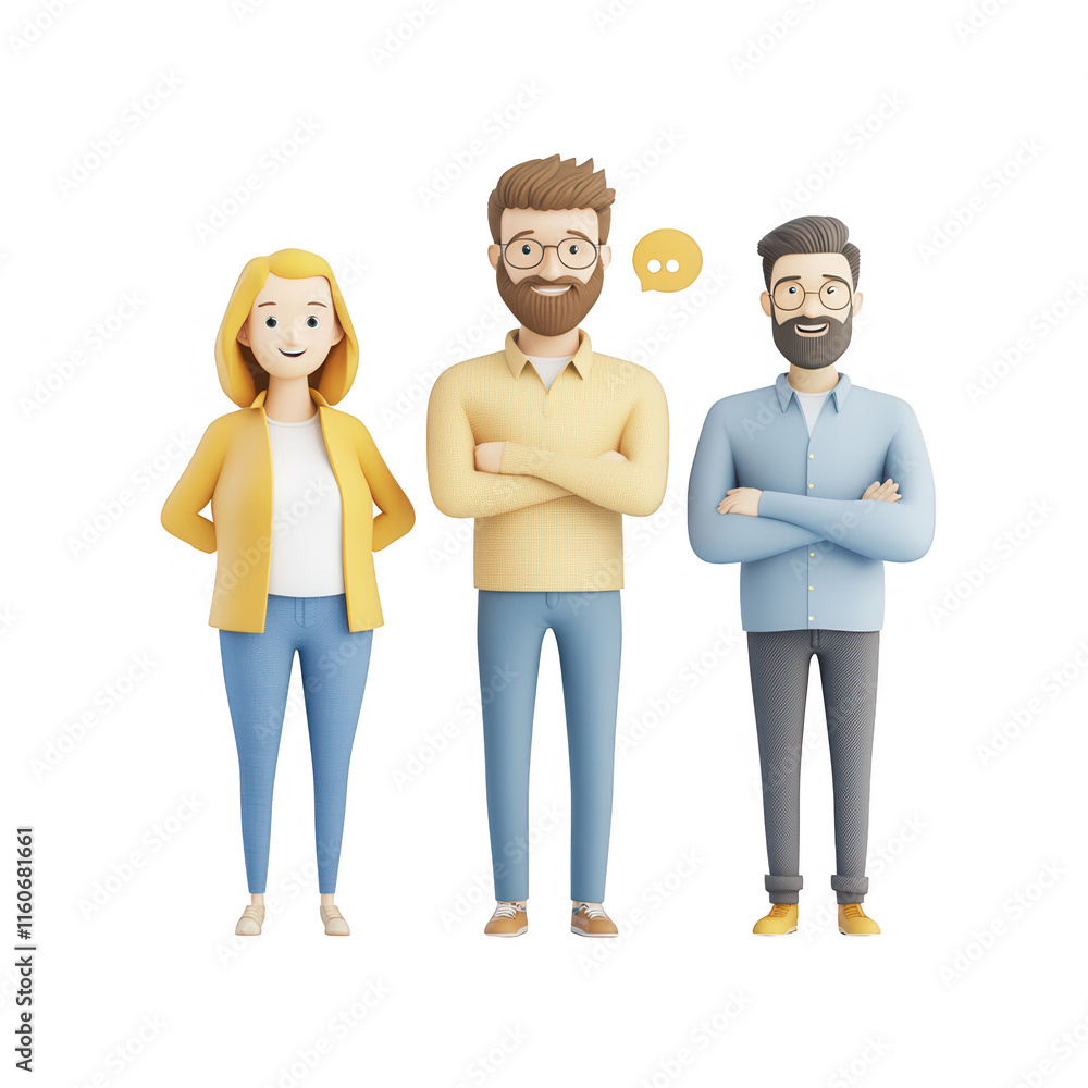 Poster three cartoon characters engaging in casual conversation with friendly expressions., isolated on a t